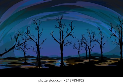 natural view of mountains with tree silhouettes at night