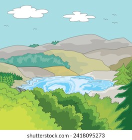 Natural view with river and mountains illustration
