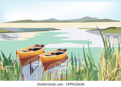 Natural view: small boat on the smooth lake in the summer day