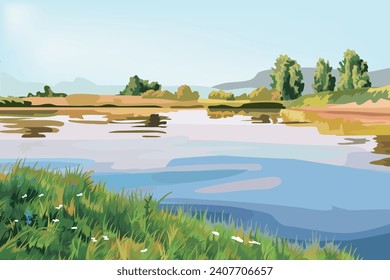 Natural view: smooth blue river and green grass shore