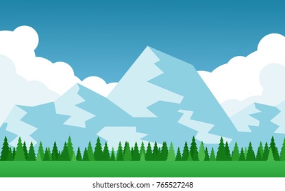 Natural view of snowy mountain range with pine tree forest with green field and big cloud behide