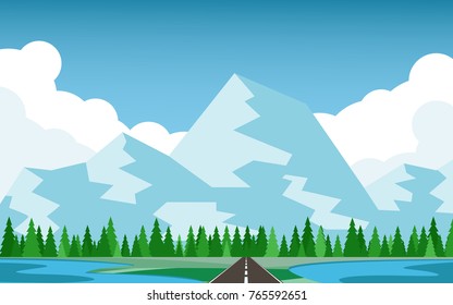 Natural view of snowy mountain range with the road lead to the mountain and pine tree forest with lakes on both side of the country road and big cloud behide