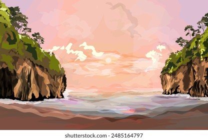 natural view of the twilight sea flanked by two mountain cliffs on the left and right sides