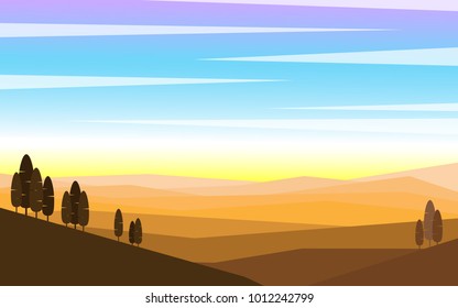 Natural view of wide area landscape mountain range view in silhouette style of mountain with some trees in foreground while the sun is rising in early morning with orange color tone on mountain range