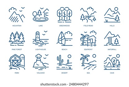 Natural Views Vector Icons Set. Mountains, Lakes, Forests, Beaches, Waterfalls, Volcanoes, and More. Editable Linear Collection.