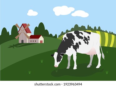 Natural village landscape with farm, grain hangar, fields, and cow. Illustration for websites and printing of organic products, environmental business, ecology and nature conservation.