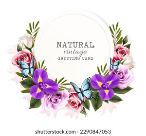 Natural vintage greeting card with beautiful colorful flowers and butterflies. Vector.