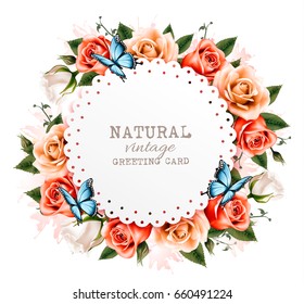 Natural vintage greeting card with a colorful roses and butterflies. Vector.