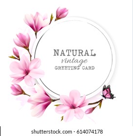 Natural vintage greeting card with pink magnolia. Vector.