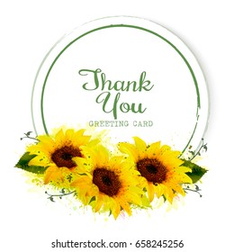 Natural vintage greeting card with yellow sunflowers. Vector.