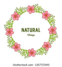 Natural vintage ornate pink flower wreath vector illustration frame.
