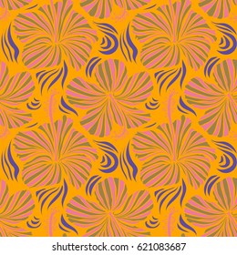 Natural violet, pink and yellow hibiscus seamless pattern. Vector flower concept. Summer design. Seamless floral pattern can be used for wallpaper, website background, wrapping paper.