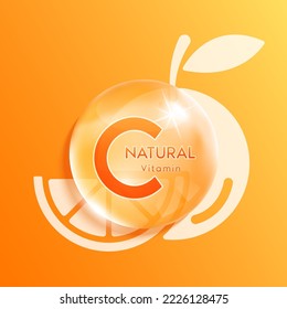 Natural vitamin C drop water on icon orange (fruit). Beauty nutrition skincare. Medical scientific concepts. Realistic 3D Vector.