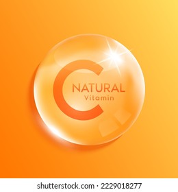 Natural vitamin C and Minerals complex drop water orange. Beauty nutrition skincare. Medical scientific concepts. Realistic 3D Vector.