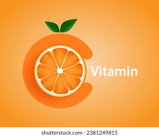 Vitamina C natural, naranja. La letra C con dos hojas verdes sobre ella y una naranja cortada en ella, que ilustra la vitamina C, para un logotipo o símbolo de la empresa. Ilustración del vector