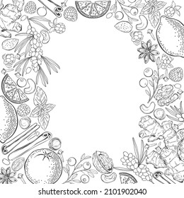 vitaminas naturales. Diseño prefabricado con marco y lugar para texto. Diseño de vectores tarjeta de bienvenida decorativa o fondo de diseño de invitación.  Blanco y negro.