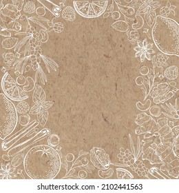 Natural vitamins. Pre-made design with frame and place for text on kraft paper. Vector layout decorative card or invitation design background.  
