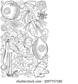 Natural vitamins. Pre-made design with vertical border and place for text. Vector layout decorative greeting card or invitation design background.  Black and white.