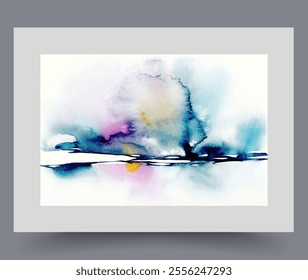 Natural wall arts with abstract landscape with pond and sky painted with watercolors. Trendy eco-friendly wall arts with beautiful environment symbolizing tranquility and sustainability of ecosystem