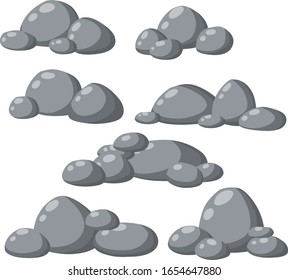 Natural wall stones and smooth and rounded grey rocks. Element of forests, mountains and caves with cobblestone. Cartoon flat illustration
