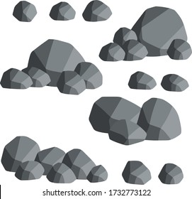 Natural wall stones and smooth and rounded grey rocks. Cartoon flat illustration. Element of forests, mountains and caves with cobblestone