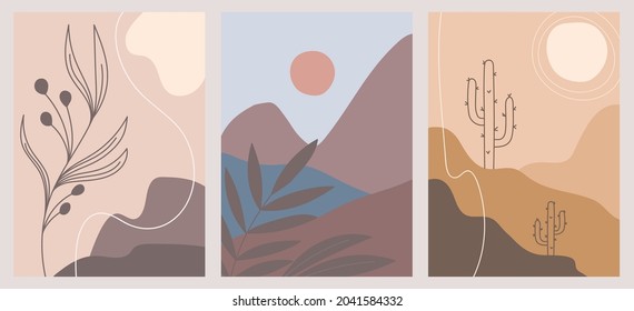 Natural wall vector set in minimal style. Artistic drawing, abstract botanical and landscape art design for print, covers, wallpaper, social media stories.