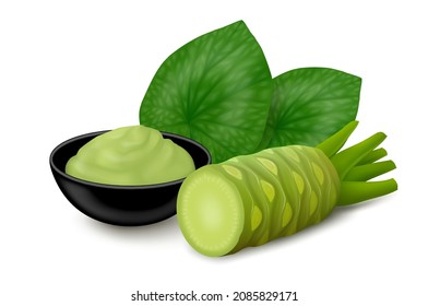 Natural wasabi (Japanese horseradish) paste in a black bowl, two leaves and half of root isolated on white background. Realistic vector illustration. Side view.