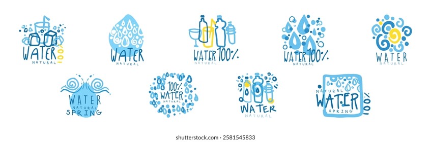 Natural Water and Blue Liquid Label and Sticker Design Vector Set