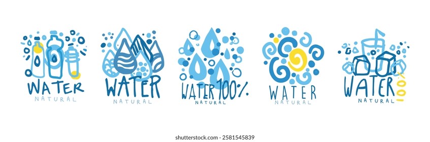 Natural Water and Blue Liquid Label and Sticker Design Vector Set