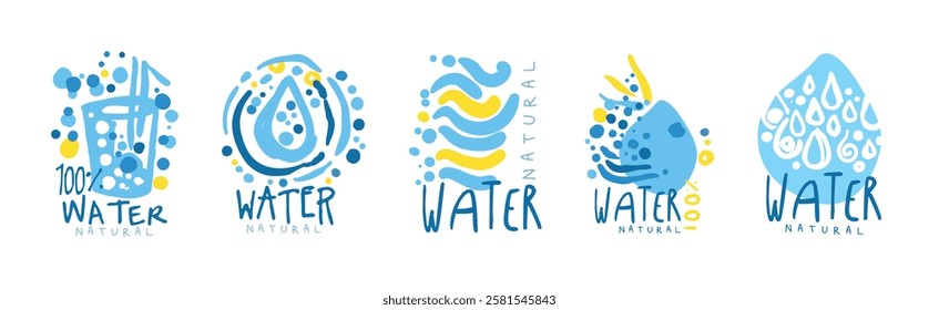 Natural Water and Blue Liquid Label and Sticker Design Vector Set