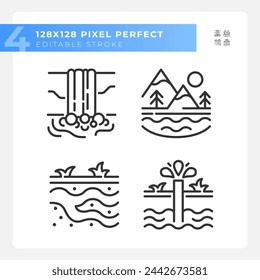 Conjunto de iconos lineales de cuerpos de agua naturales. Recursos naturales. Vista panorámica. Agua subterránea. Símbolos de línea fina personalizables. Ilustraciones aisladas de contorno vectorial. Trazo editable. Píxel perfecto