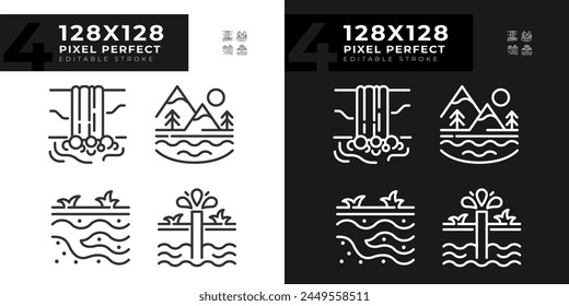 Natural water bodies linear icons set for dark, light mode. Natural resources. Scenic view. Groundwater. Thin line symbols for night, day theme. Isolated illustrations. Editable stroke. Pixel perfect