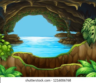 Natural water in cave illustration