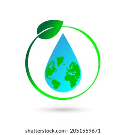 Natural water drop with globe icon, eco concept