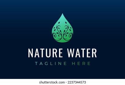 Natural Water Drops Logo Design Template. Water Drops With Vines Pattern