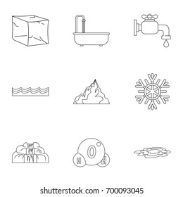 Natural water form icon set. Outline set of 9 natural water form vector icons for web isolated on white background