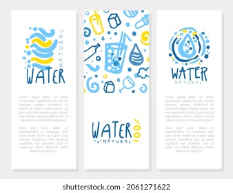 Natural Water Hand Drawn Design with Pure Fresh Drop and Bottle Vector Vertical Template