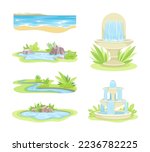 Natural Water Landscape with Flowing River Stream, Pond and Fountain Vector Set