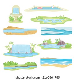 Natural Water Landscape With Flowing River Stream, Waterfall, Pond And Fountain Vector Set