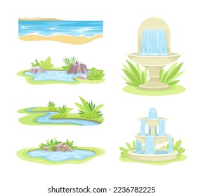 Natural Water Landscape with Flowing River Stream, Pond and Fountain Vector Set