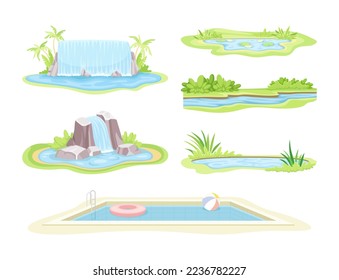 Natural Water Landscape with Flowing River Stream, Waterfall, Pond and Pool Vector Set