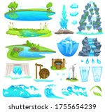 Natural water landscape vector illustration. Cartoon flat nature set of flowing river stream and riverside, waterfall on mountain, waterfront of lake pond brook over rocks, dam flow isolated on white