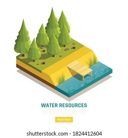 Natural water resources online info isometric composition with pond lake river element at forest edge vector illustration 