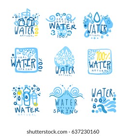Natural water set for label design. Colorful hand drawn illustrations