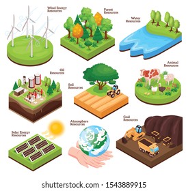 Natural water wind solar energy oil coal animal and forest wood environmental  resources isometric set vector illustration 