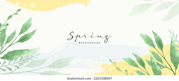 Natural watercolor abstract vector background with green branches and leaves. Art illustration for graphic and web design, presentation, wallpaper, poster, banner, card, print, packaging, beauty 