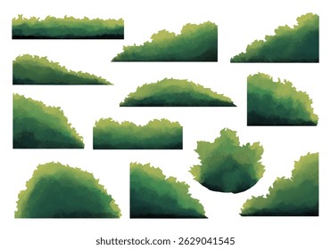 Natural Watercolor Bush Corner Foliage. A complete collection of natural watercolor bushes featuring corner growths leafy spreads. Perfect for garden scenes park layouts and forest backgrounds