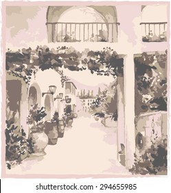 Natural watercolor landscape of summer ancient street. Vector illustration