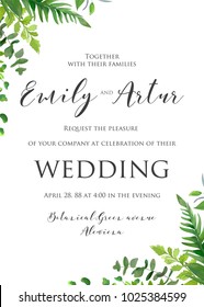 Natural watercolor style botanical wedding invitation, invite, save the date card floral design with Green fern leaves, forest plants,  greenery herbal mix frame, border. Beautiful rustic template
