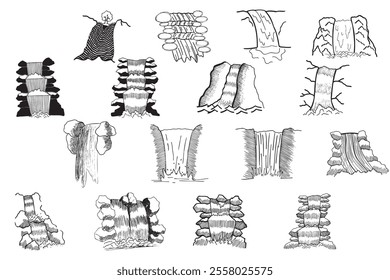 Natural waterfall Line Drawing set